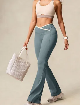 Pantalones de mujer para exteriores, gimnasio, yoga, senderismo, control de abdomen, que absorbe la humedad, con cintura cruzada, acampanados, legging - Shein - FashionsVida