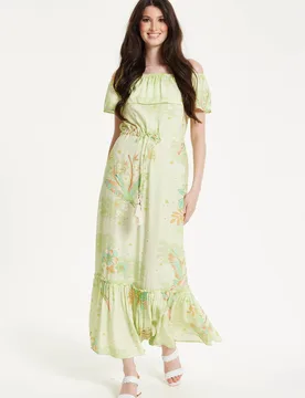 Women's Floral & Bird Print Off-Shoulder Maxi Dress in Sage Green Size: 10 - Green - Size: 10 - Liquorish - FashionsVida