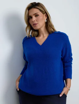 Wool Blend V-Neck Knitted Jumper Blue female - Live Unlimited London - FashionsVida