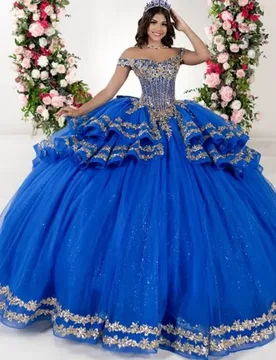 Shiny royal blue Quinceanera Dress off-shoulder Sequin crystal glitter decal Bow layering vestidos de 15 Quinceanera ﻿Customize - Aliexpress - FashionsVida
