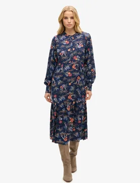 Superdry Damen Langärmeliges, Gestuftes Midikleid Dunkelblau - Größe: 38 - 89.99 - FashionsVida