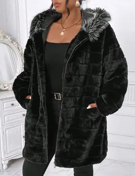 Abrigo de piel sintética para mujer con cuello de piel, ropa de abrigo de invierno, otoño, negocios, noche, casual, formal, elegante, negro 3XL - Shein - FashionsVida