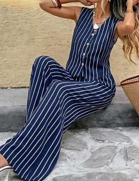 Conjunto de 2 piezas para mujer, casual minimalista, bohemio, elegante, romántico, vintage, azul marino a rayas con estampado retro, atuendo para ir - Shein - FashionsVida