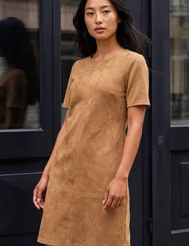 Women's Petite Premium Stretch Suede Shift Dress in Tan Size: 16 - Tan - Size: 16 - Roman - FashionsVida