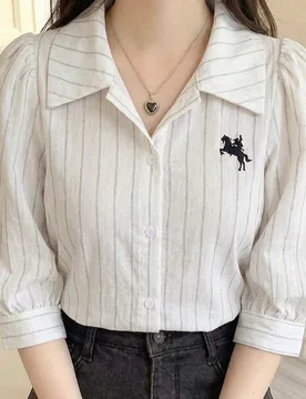 Blusa holgada de manga farol con cuello y rayas tejidas en blanco para adolescentes y mujeres, estilo dulce y casual, adecuada para primavera, verano - Shein - FashionsVida