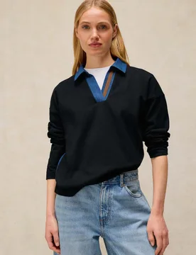 Pure Cotton Denim Detail Rugby Top Navy female - White stuff - FashionsVida
