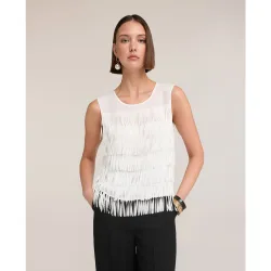 Top de mujer de georgette con flecos escote redondo