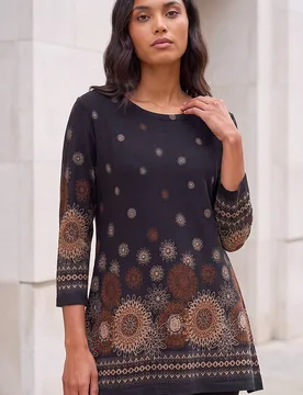 Women's Sunflower Printed Tunic Top in Black Size: 18 - Black - Size: 18 - Roman - FashionsVida