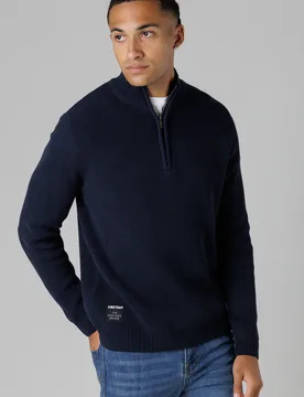Mens Dark Navy Cotton Rich Half Zip Funnel Neck Jumper - Size Large - Firetrap - FashionsVida