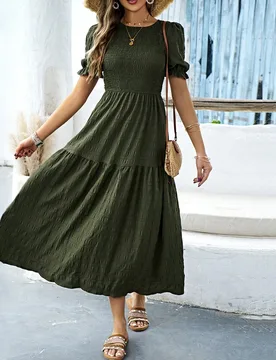 Vestido largo de mujer tipo línea A con escote fruncido y dobladillo con volantes XXL - Shein - FashionsVida
