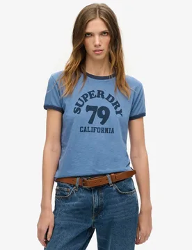 Superdry Damen Athletic Essentials Beach Graphic Ringer T-shirt Blau - Größe: 44 - 34.99 - FashionsVida