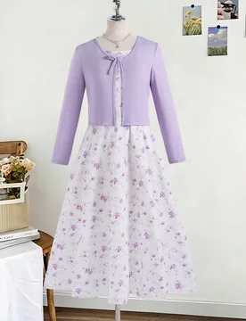 Conjunto de top de manga larga y vestido mini con estampado floral ditsy a juego para niñas preadolescentes, casual de verano, para vacaciones, uso d - Shein - FashionsVida