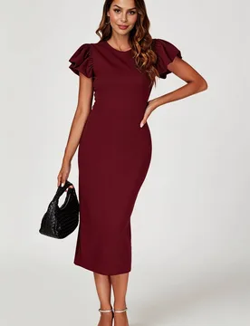 Women's Double Layer Frill Sleeve Bodycon Midi Dress in Burgundy Size: Large - Burgundy - Size: L - FS Collection - FashionsVida
