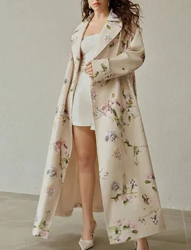 ABRIGO LARGO DE TRINCHERA CON ESTAMPADO FLORAL, CUELLO DE SOLAPA, BOLSILLO SESGADO, HEBILLA Y CINTURÓN PARA TALLAS GRANDES 0XL - Shein - FashionsVida
