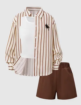Conjunto de 3 piezas para niñas estilo coreano casual de verano: camisa holgada a rayas verde oliva, top de punto sin mangas de color liso y shorts d - Shein - FashionsVida