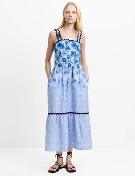 Pure Cotton Floral Square Neck Midaxi Dress Blue Mix female - French connection - FashionsVida