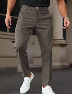 Pantalones de traje de negocios marrones lisos y cónicos para ir al trabajo en tela tejida duradera, pantalones de vestir ajustados para hombres, for - Shein - FashionsVida