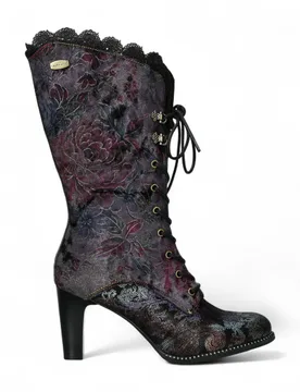 Alcbane 0351 Violet Floral Womens Gothic Victorian Leather Heeled High Boots - Size Eu 40 - Laura vita - FashionsVida