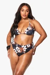 Womens Plus Cow Print Triangle High Waist Bikini Bottom - Brown - Size 24 Uk