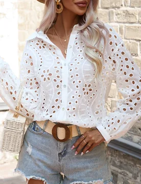 Camisa de mujer con botones frontal y bordado de ojetes S - Shein - FashionsVida