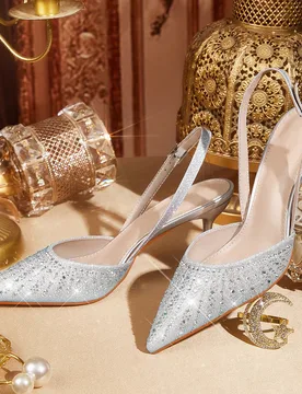 Sandalias con puntera plateada, tacón medio y decoración de rhinestones, tacones altos sexys para fiestas y eventos EUR42 - Shein - FashionsVida