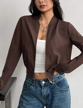 Chaqueta de vuelo con cremallera marrón oscuro para otoño/invierno, adecuada para uso en otoño, ropa casual de calle para mujer, ropa de primavera - Shein - FashionsVida