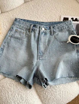 Shorts vaqueros casuales de verano para mujer con dobladillo crudo, decorados con strass y lentejuelas M - Shein - FashionsVida