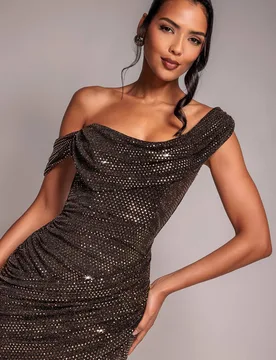 Women's Cowl Neck Glitter Lurex Mini Dress in Rose Gold Size: 16 - Rose Gold - Size: 16 - Goddiva - FashionsVida