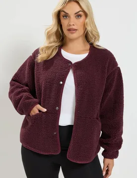 Women's Collarless Fleece Jacket in Burgundy Size: 26-28 - Burgundy - Size: 26-28 - Yours - FashionsVida