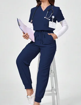 Conjunto de uniforme de pijama con top con cuello en V y bolsillo, y pantalones minimalistas L - Shein - FashionsVida