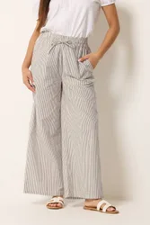 Women's Stripe Wide Leg Cotton Trousers in Natural Size: 18S - Natural - Size: 18S