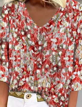 Camiseta con cuello en V y estampado floral, blusa de manga 3/4 para vacaciones y uso diario, ropa de mujer primavera roja L - Shein - FashionsVida