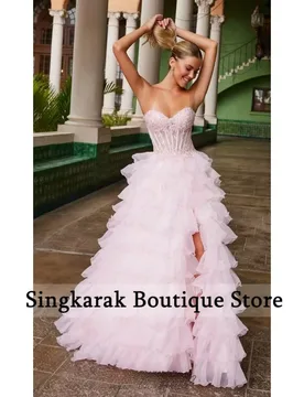 Customized Pink Sweetheart Lace Prom Dress Tiered Ruffles Side Slit vestidos de noche Floor-Length Formal Evening 2026 - Aliexpress - FashionsVida