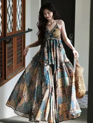 Vacation-style halter print ethnic high-waisted skirt comfortable long