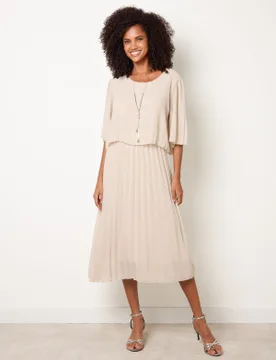Pleated Short Sleeve Dress with Necklace - M/L / STONE - female - Blue Vanilla - FashionsVida