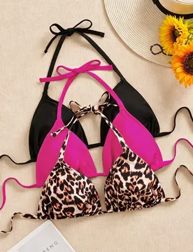 Conjunto de 3 piezas de traje de baño para mujer de talla grande, con Top de estilo biquini, con estampado de leopardo multicolor y tirantes finos, i - Shein - FashionsVida