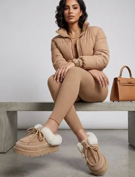 Women's Serafina Fur Detail Moccasin Slip on Shoes in Light Sand Size: 4 - Light Sand - Size: 4 - Miss Diva - FashionsVida