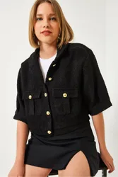 Womens Cropped Plush Buttoned Jacket With Shirt Collar - Black - Size Medium