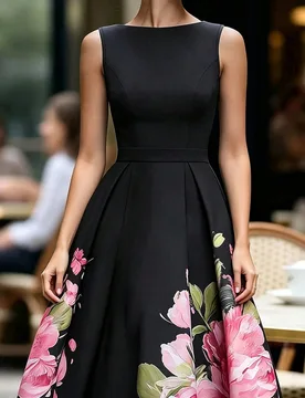 Vestido de mujer elegante francés con cintura ceñida sin mangas con estampado floral, vestido de noche elegante S - Shein - FashionsVida