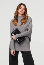 Women's Striped Texture Batwing Sleeve Jumper in Grey Size: Small/Medium - Grey - Size: S/M