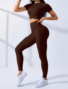 Conjunto deportivo de mujer de cintura alta sin costuras, con top de manga corta y pantalones. Conjunto deportivo de mujer para entrenamiento, ropa de - Shein - FashionsVida