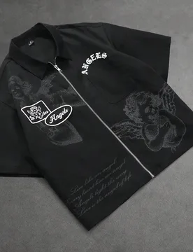 Camisa de manga corta con cremallera y estampado minimalista para hombres L - Shein - FashionsVida