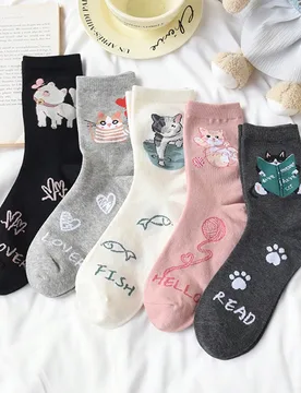 Pares de calcetines de media caña con diseño de gato colorido y lindo para mujeres, estilo coreano de dibujos animados y graffiti creativo, nuevos p - Shein - FashionsVida