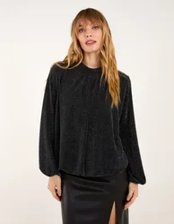 Metallic High Neck Puffball Top - M / Teal - female