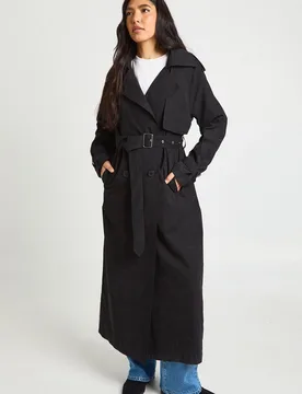 Womens Tall Peached Oversized Double Breast Trench Coat - Black - Size 16 Uk - Boohoo - FashionsVida