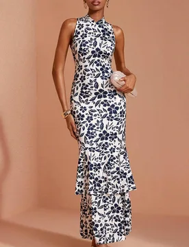 Vestido largo elegante de punto con estampado floral, sin mangas, cuello chino, escote halter y doble capa L - Shein - FashionsVida
