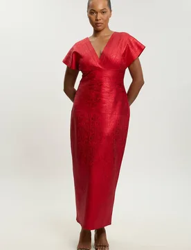 Women's Plus Size Foil Metallic Figure Form Angel Sleeve Knit Maxi Dress in Red Size: 22 - Red - Size: 22 - Karen millen - FashionsVida