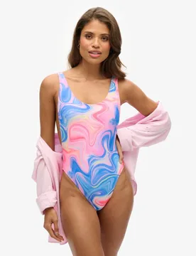 Superdry Damen Badeanzug mit Tiefem Rückenausschnitt und Print Pink - Größe: 36 - 74.99 - FashionsVida