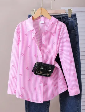 Camisa clásica con lazo y estampado de rayas estilo Y2K lindo para niña preadolescente, conjunto casual de rayas rosa y blanco para la escuela y el - Shein - FashionsVida