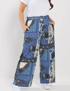 Women's Bandana Print Belted Wide Leg Trousers in Blue Size: 18 - Blue - Size: 18 - Yours - FashionsVida